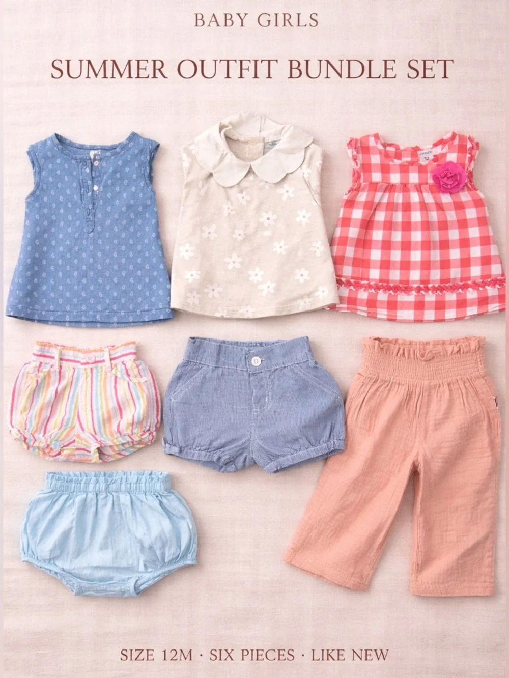 Baby Girl Summer Outfit Bundle 12M | 7 Piece Set | Mix & Match Boutique Style
